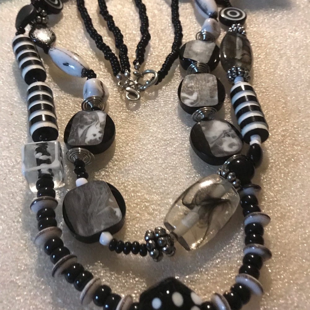 Black & White Beaded Statement Necklace - Women Jewelry